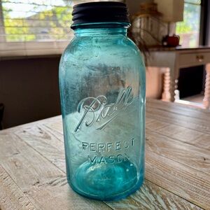 RARE Ball Perfect Mason 1/2 Gallon Jar Aqua 1910–23, Zinc Lid, Vintage Farmhouse